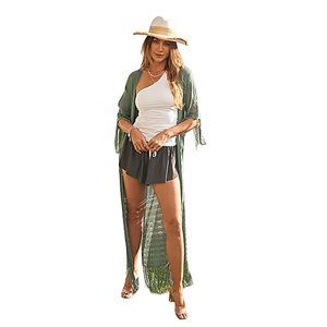 Blue Sage Cold Shoulder Long Fringed Bohemian Cardigan Duster Kimono DWJ8